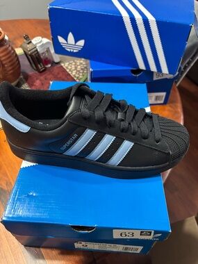 Adidas Superstar Black & Light Blue Leather Sneakers NEW Unisex